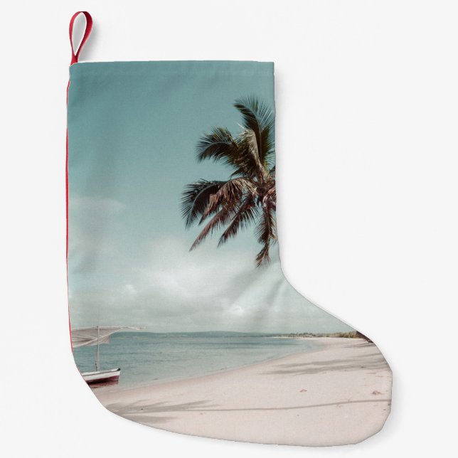 Beach bredvid kokokokosnöt handflatan träd liten julstrumpa (Framsidan)
