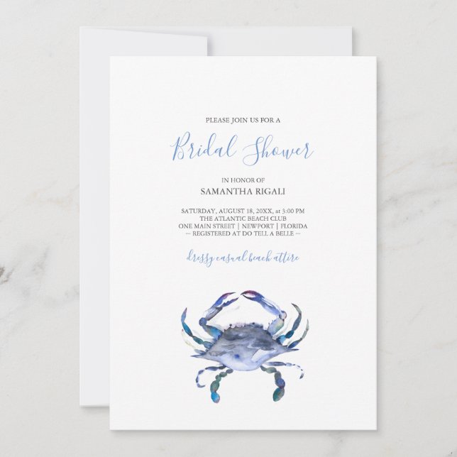 Beach Bridal Shower Invitations Watercolor Crab Inbjudningar (Framsida)