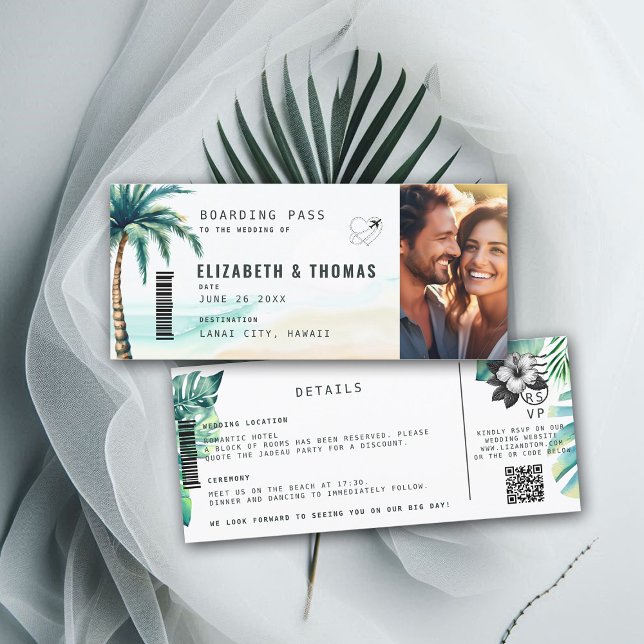 Beach-bröllop för tropisk destination inbjudningar (destination wedding invitation tropical hawaii boarding pass botanical palm tree watercolor)