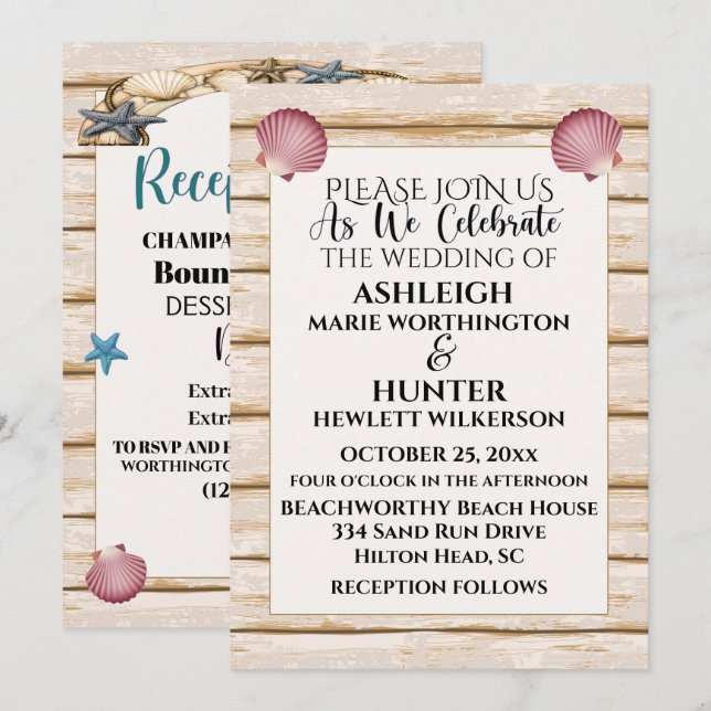Beach-bröllop/Tillfällen-inbjudan, version 2 Inbjudningar (Fram/baksida)
