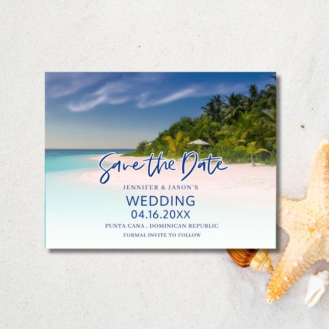 Beach-bröllopet för tropisk ö Spara datumet Meddelande Vykort (Tropical Island Beach Wedding Save the Date Postcard)