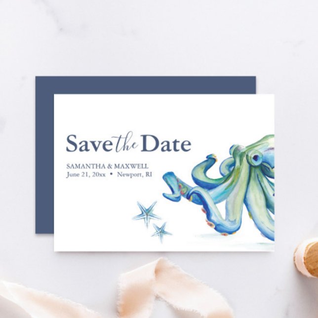 Beach-bröllopet Spara datumkortet till havs Spara Datumet (beach wedding save the date cards watercolor blue octopus by Victoria Grigaliunas of Do Tell A Belle)