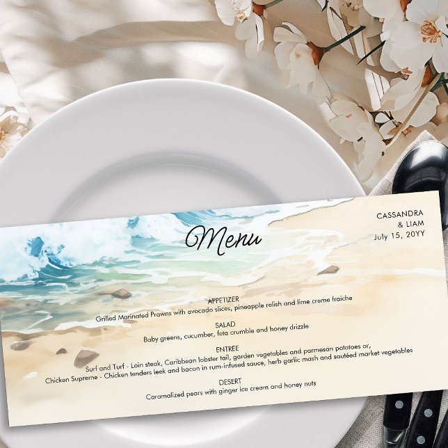 Beach bröllopsblått Ocean Coastal Themann Meny (Wedding Menu from the Summer Beach Wedding Collection by Darling & May)