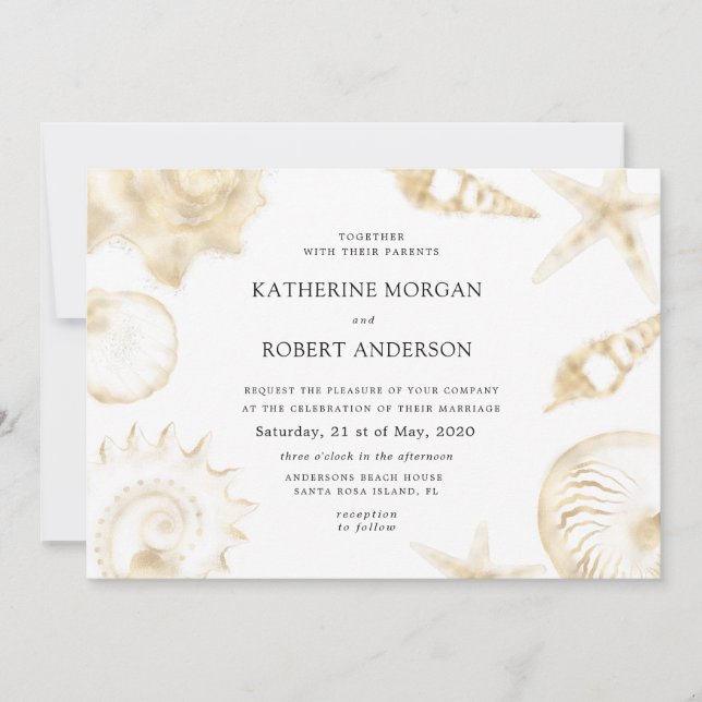 Beach bröllopsinbjudan till guldblå bröllop inbjudningar (Framsida)