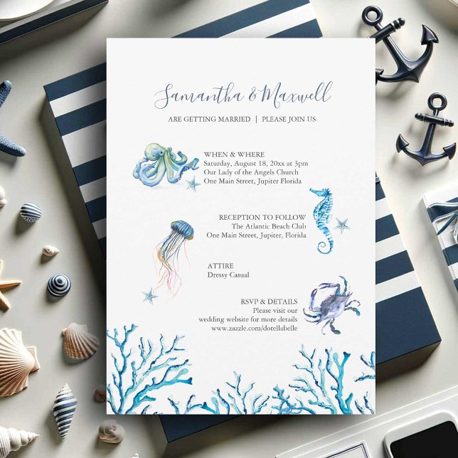 Beach bröllopsinbjudningar Vattenfärg Ocean Inbjudningar (Nautical illustrated wedding invitations watercolor art by Victoria Grigaliunas Do Tell A Belle)