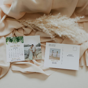 Beach-bröllopskalender Spara datumfoto Vykort
