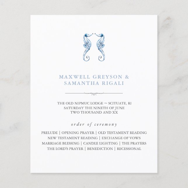 Beach bröllopsprogram Watercolor Seahorse (Framsida)