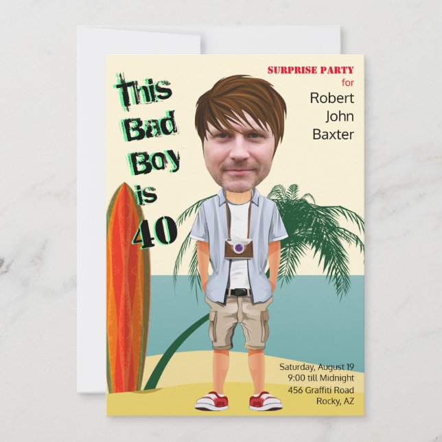 Beach Bum 40:e 🌊 Manar Birthday Bad Boy Roligt Inbjudningar (Framsida)