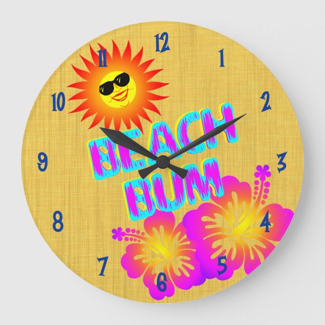 Beach Bum Hibiscus Flower Clock Blue Nummer Stor Klocka (Framsida)