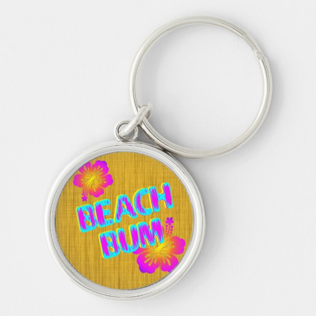 Beach Bum Hibiscus Flower Rosa and Teal Keychain Rund Silverfärgad Nyckelring (Framsidan)