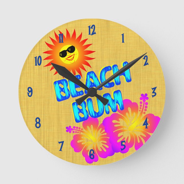 Beach Bum Sol och Hibiscus Clock Blue Numbers Rund Klocka (Framsida)
