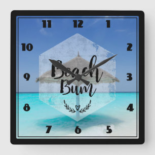 Beach Bum Typography - Umbrella on Tropical Beach Fyrkantig Klocka
