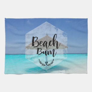 Beach Bum Typography - Umbrella on Tropical Beach Kökshandduk