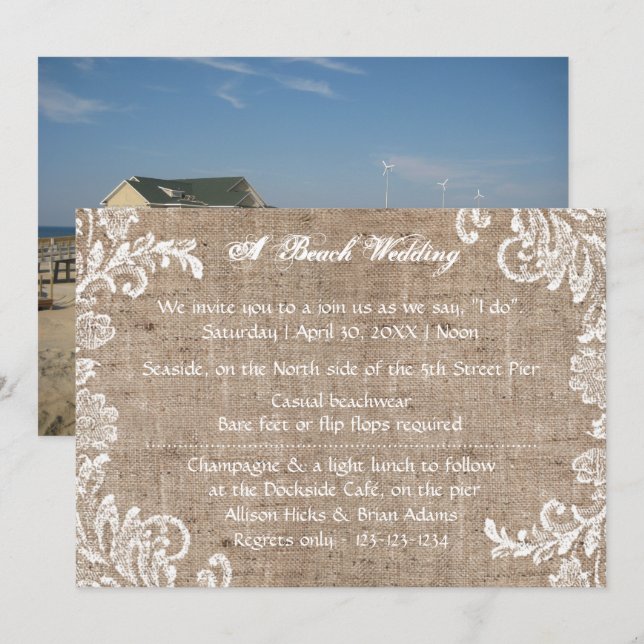 Beach Burlap & Lace - Bröllopsinbjudan Inbjudningar (Fram/baksida)