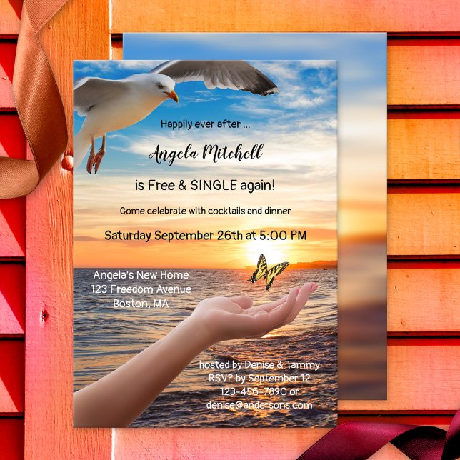 Beach Butterfly Freedom Divorce Party-inbjudan Inbjudningar (Divorce party invitation featuring a butterfly, beach and the ultimate symbol of freedom: a seagull)