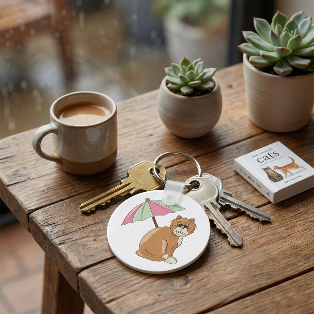 Beach Cat med Rosa och Grönt Paraplla Nyckelring (Skapare uppladdad)