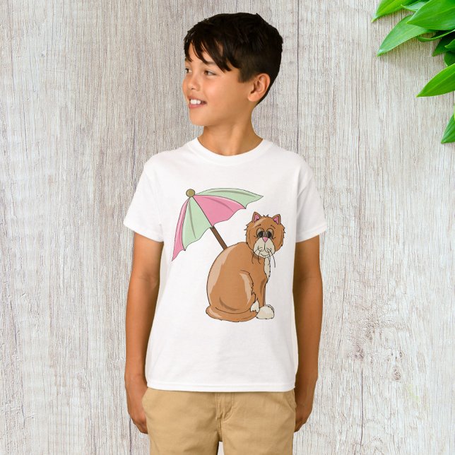 Beach Cat med Rosa och Grönt Paraplla T Shirt (Skapare uppladdad)