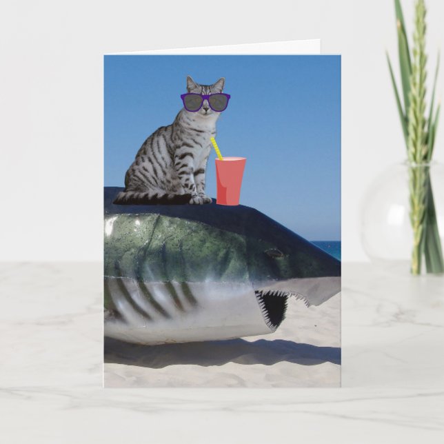 BEACH CAT ON SHARK FUNNY BIRTHDAY CARD KORT (Framsida)
