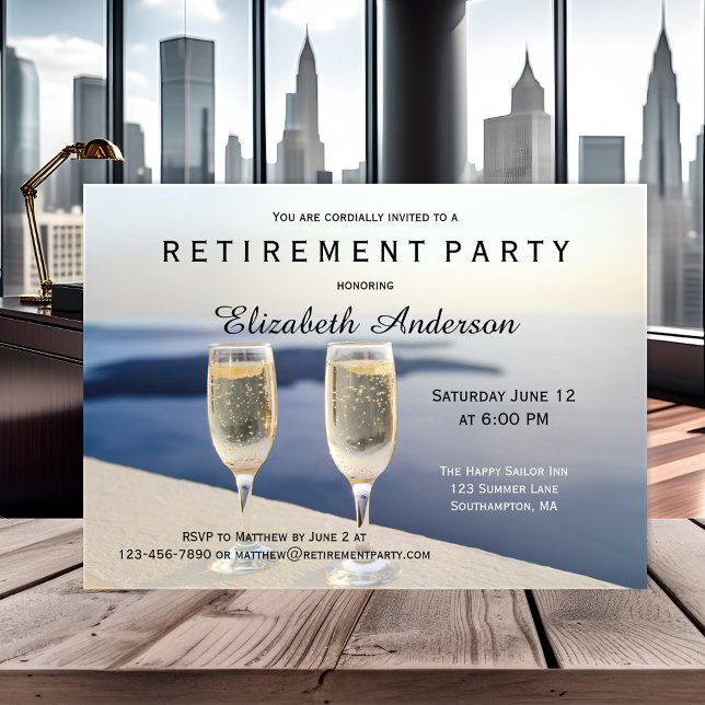 Beach Champagne Pension-partiets inbjudan (Elegant retirement party invitation featuring two champagne glasses at the beach. )