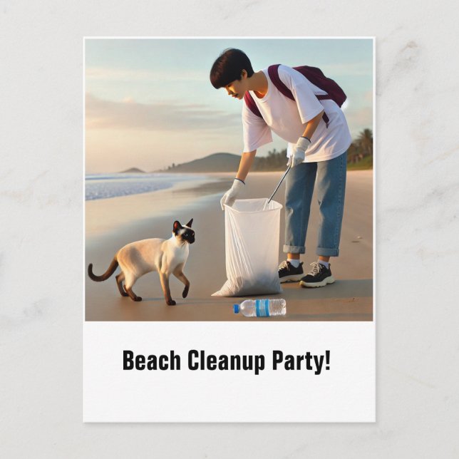 Beach Cleanup Party med siamesiskt inbjudningskort (Framsida)