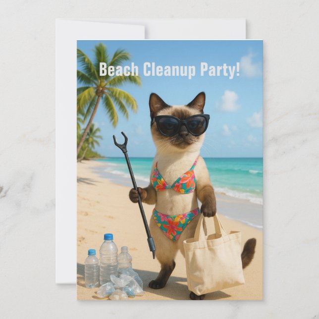 Beach Cleanup Party with cat lovers Invitation  Inbjudningar (Framsida)