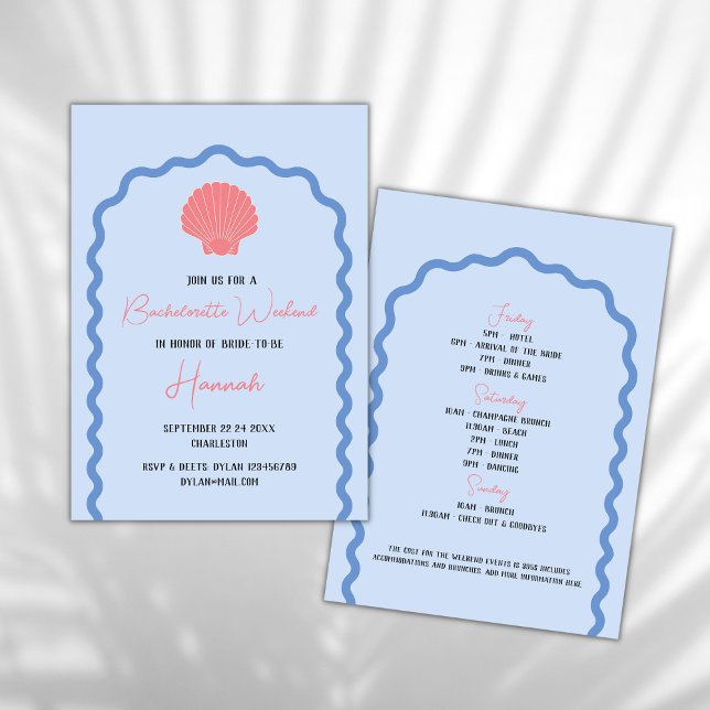 Beach Coastal Bachelorette Helg Seashell Inbjudningar (beach bachelorette invitation coastal bachelorette weekend invitation seashell wavy arch blue pink)