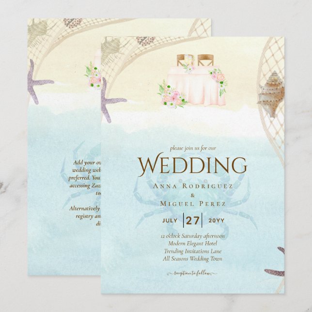 Beach Coastal bröllopsinbjudan Sand Ocean Life Inbjudningar (Fram/baksida)