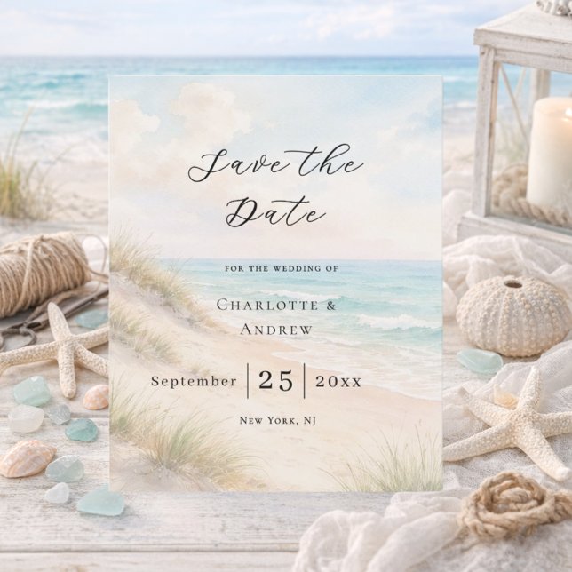 Beach coastal modern budget wedding Save the Date Flygblad (Skapare uppladdad)
