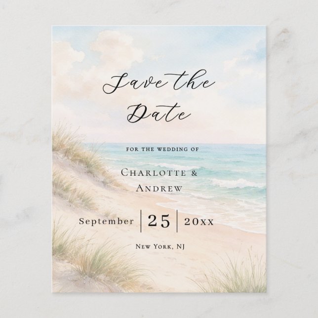 Beach coastal modern budget wedding Save the Date Flygblad (Framsidan)