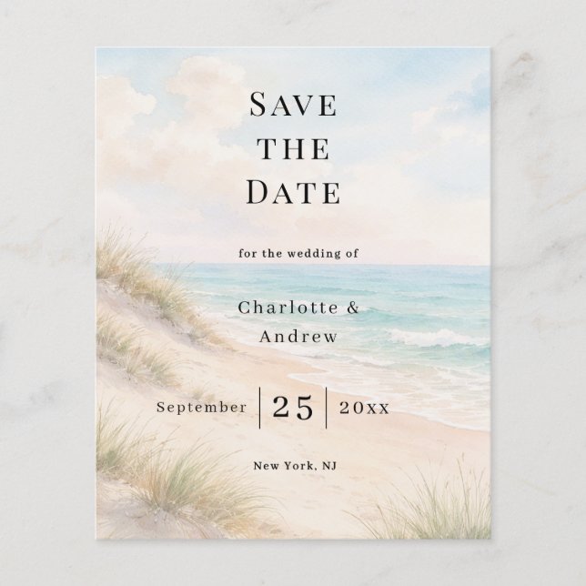 Beach coastal modern wedding budget Save the Date Flygblad (Framsidan)