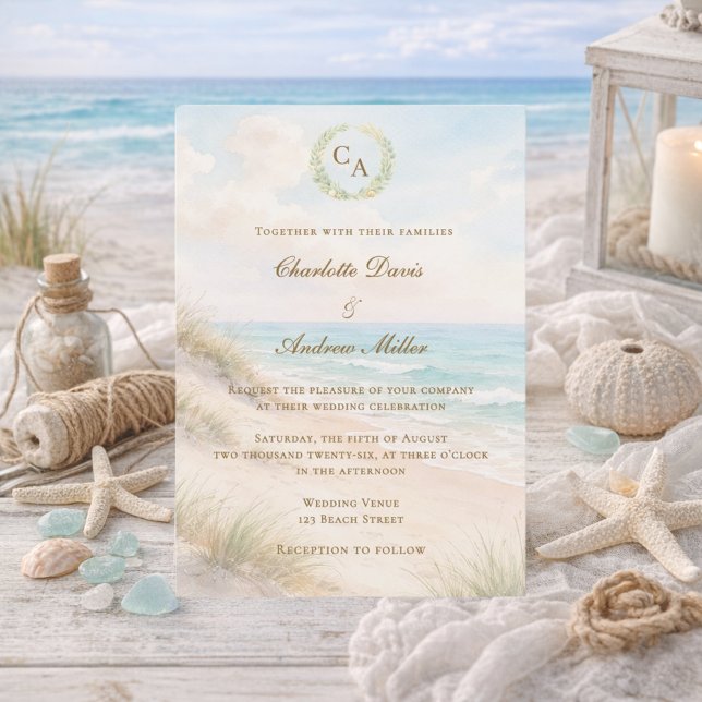 Beach coastal monogrammed wedding inbjudningar (Skapare uppladdad)