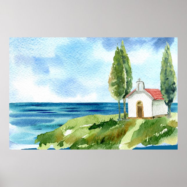 Beach Coastal Ocean Church Watercolor Poster (Framsidan)