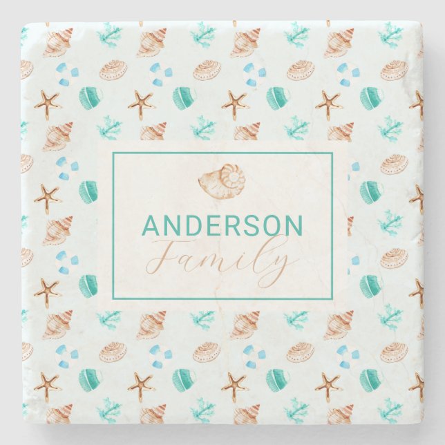 Beach Coastal Seashells Family Name Custom Stenunderlägg (Framsidan)