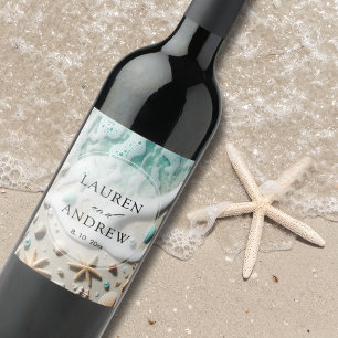 Beach Coastal Seaside Personlig Bröllop Vinflaska Etikett