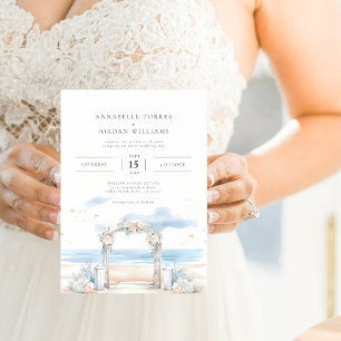 Beach Coastal Watercolor Destination Wedding Photo Inbjudningar