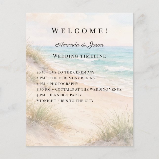 Beach coastal wedding program timeline (Framsida)