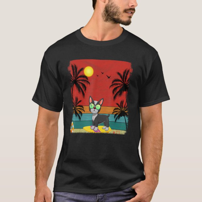 Beach Coconut Träd Retro Graphic Boston Terrier S T Shirt (Framsida)