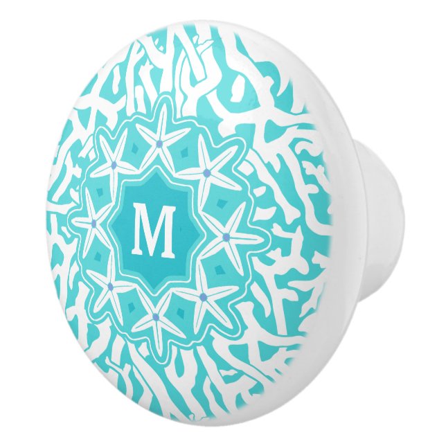 Beach Coral Reef Starfish Aqua Blue White Monogram Knopp (Höger)