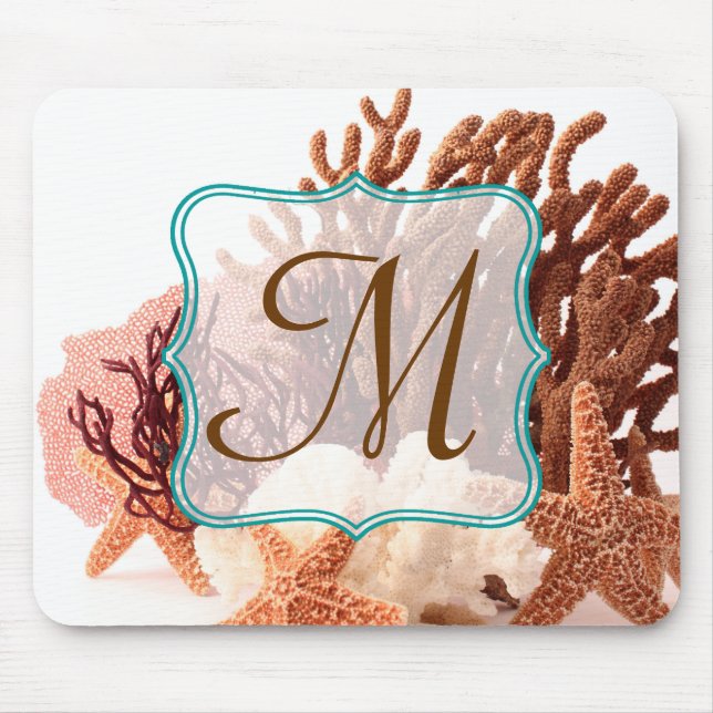 Beach Coral Star Fish Monogram Inledande musknapp Musmatta (Framsidan)