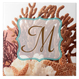 Beach Coral Star Fish Sand Monogram Visning Tile Kakelplatta