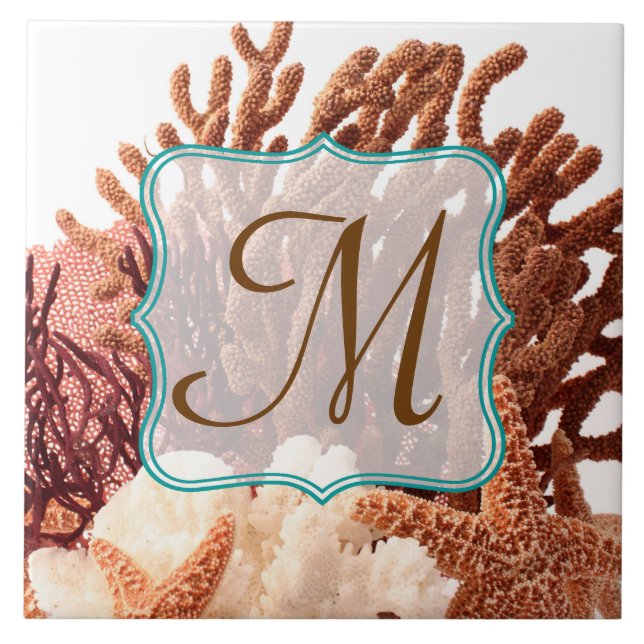 Beach Coral Star Fish Sand Monogram Visning Tile Kakelplatta (Framsidan)