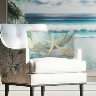 Beach Cottage White Aqua Blue Seashell n Sea Glass Lumbarkudde