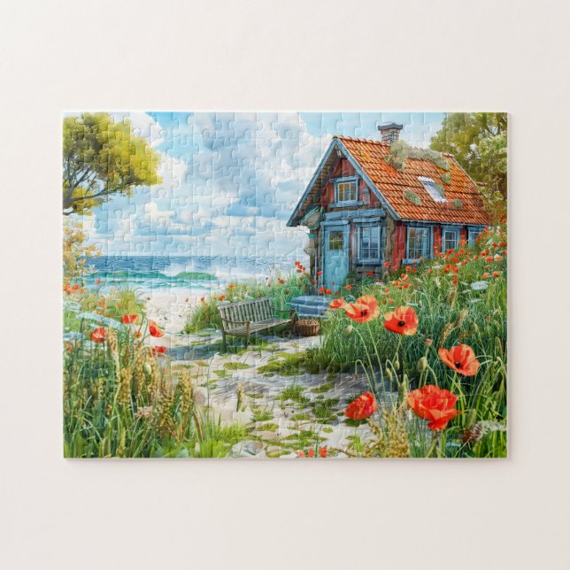 Beach Cottage with Dunes and Poppies Pussel (Horisontell)