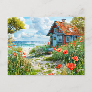 Beach Cottage with Dunes and Poppies Vykort