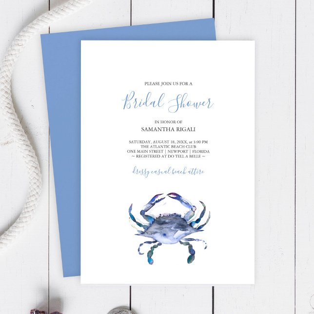 Beach Crab Inbjudningskort för möhippa (Bridal shower invitations watercolor blue crab art by Victoria Grigaliunas )
