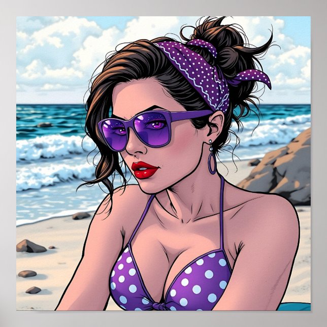 Beach Dam i Shades, Bikini och Bandana Poster (Framsidan)