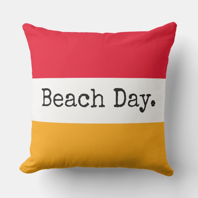 BEACH DAY Roligt Bright Red Gult White Rand Kudde (Framsida)