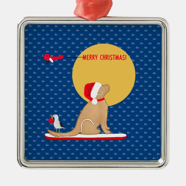 Beach Day Surfing Golden Santa Hund Ornament (Framsidan)