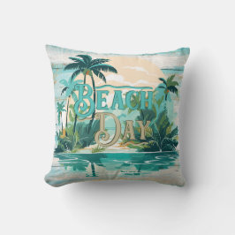 Beach Day Teal Beige Handflatan Träd Beach Coastal Kudde
