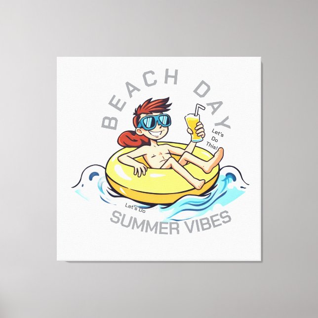 Beach Day Tecknade figurer på uppblåsbara Ring Canvastryck (Framsida)